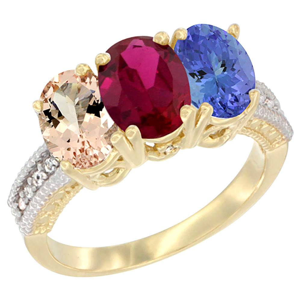 10K Yellow Gold Natural Morganite, Enhanced Ruby &amp; Tanzanite Ring 3-Stone Oval 7x5 mm, sizes 5 - 10