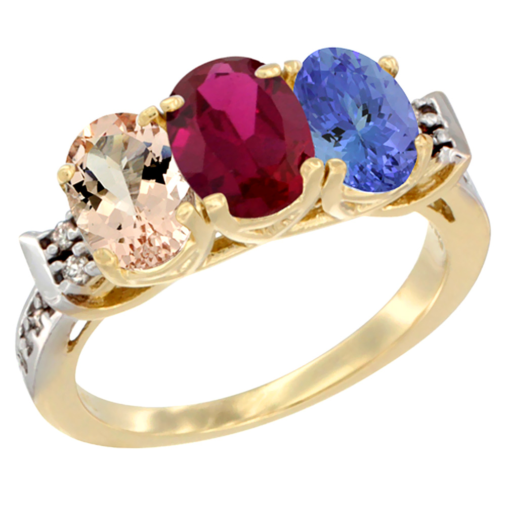 10K Yellow Gold Natural Morganite, Enhanced Ruby &amp; Natural Tanzanite Ring 3-Stone Oval 7x5 mm Diamond Accent, sizes 5 - 10