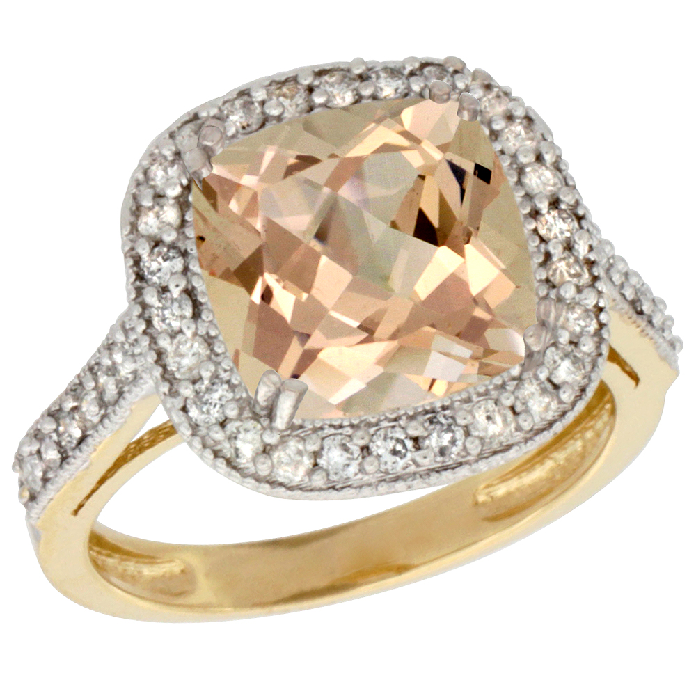 14K Yellow Gold Natural Morganite Ring Cushion-cut 9x9mm Diamond Halo, sizes 5-10