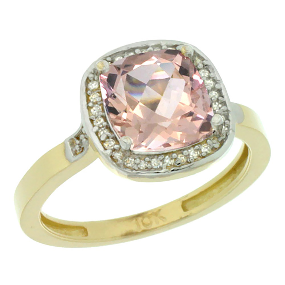 14K Yellow Gold Natural Diamond Morganite Ring Cushion-cut 8x8mm, sizes 5-10