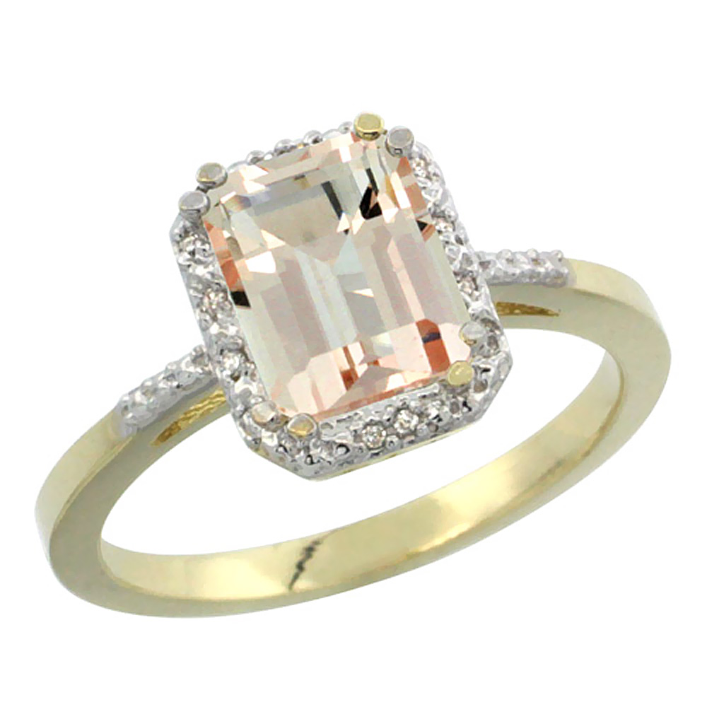 14K Yellow Gold Natural Morganite Ring Emerald-shape 8x6mm Diamond Accent, sizes 5-10