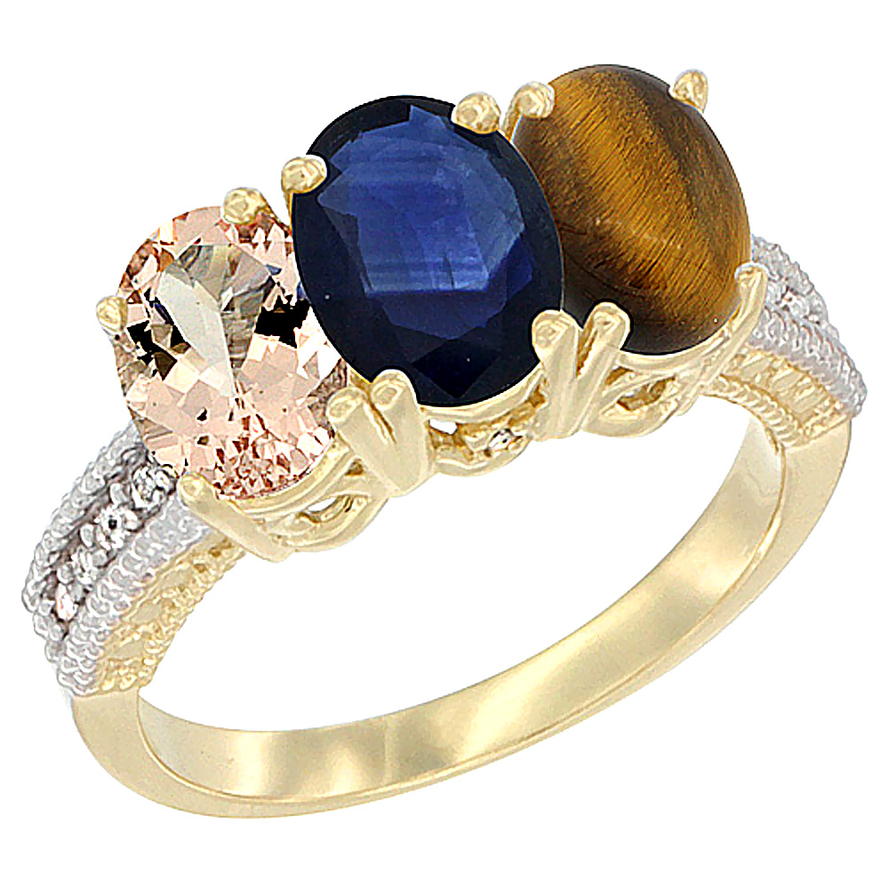 14K Yellow Gold Natural Morganite, Blue Sapphire & Tiger Eye Ring 3-Stone Oval 7x5 mm Diamond Accent, sizes 5 - 10