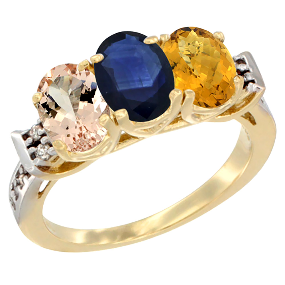 14K Yellow Gold Natural Morganite, Blue Sapphire & Whisky Quartz Ring 3-Stone Oval 7x5 mm Diamond Accent, sizes 5 - 10