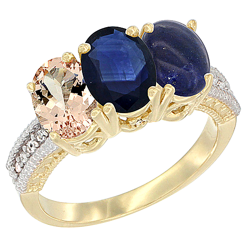 14K Yellow Gold Natural Morganite, Blue Sapphire & Lapis Ring 3-Stone Oval 7x5 mm Diamond Accent, sizes 5 - 10