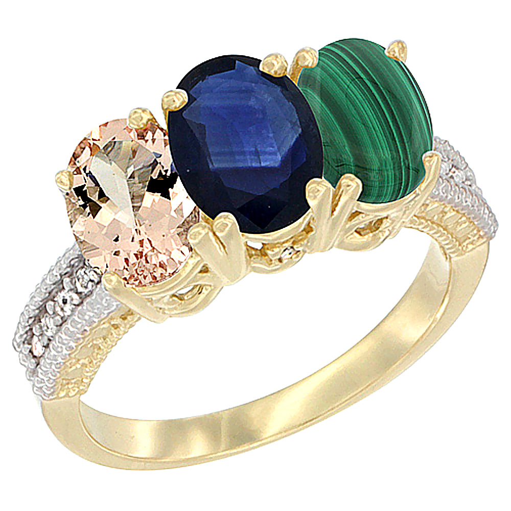 14K Yellow Gold Natural Morganite, Blue Sapphire & Malachite Ring 3-Stone Oval 7x5 mm Diamond Accent, sizes 5 - 10