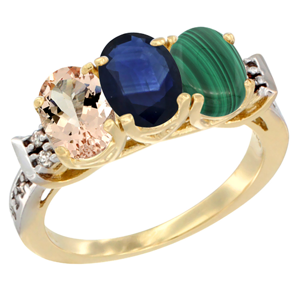 14K Yellow Gold Natural Morganite, Blue Sapphire & Malachite Ring 3-Stone Oval 7x5 mm Diamond Accent, sizes 5 - 10