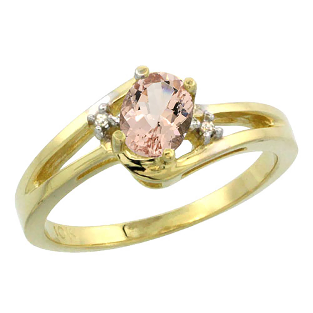 10K Yellow Gold Diamond Natural Morganite Ring Oval 6x4 mm, sizes 5-10