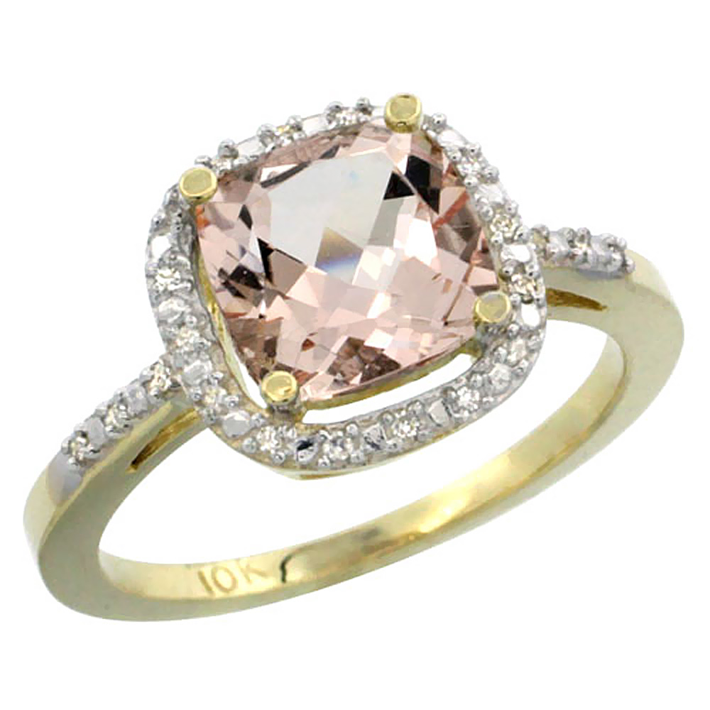 10K Yellow Gold Natural Morganite Ring Cushion-cut 8x8mm Diamond Accent, sizes 5-10