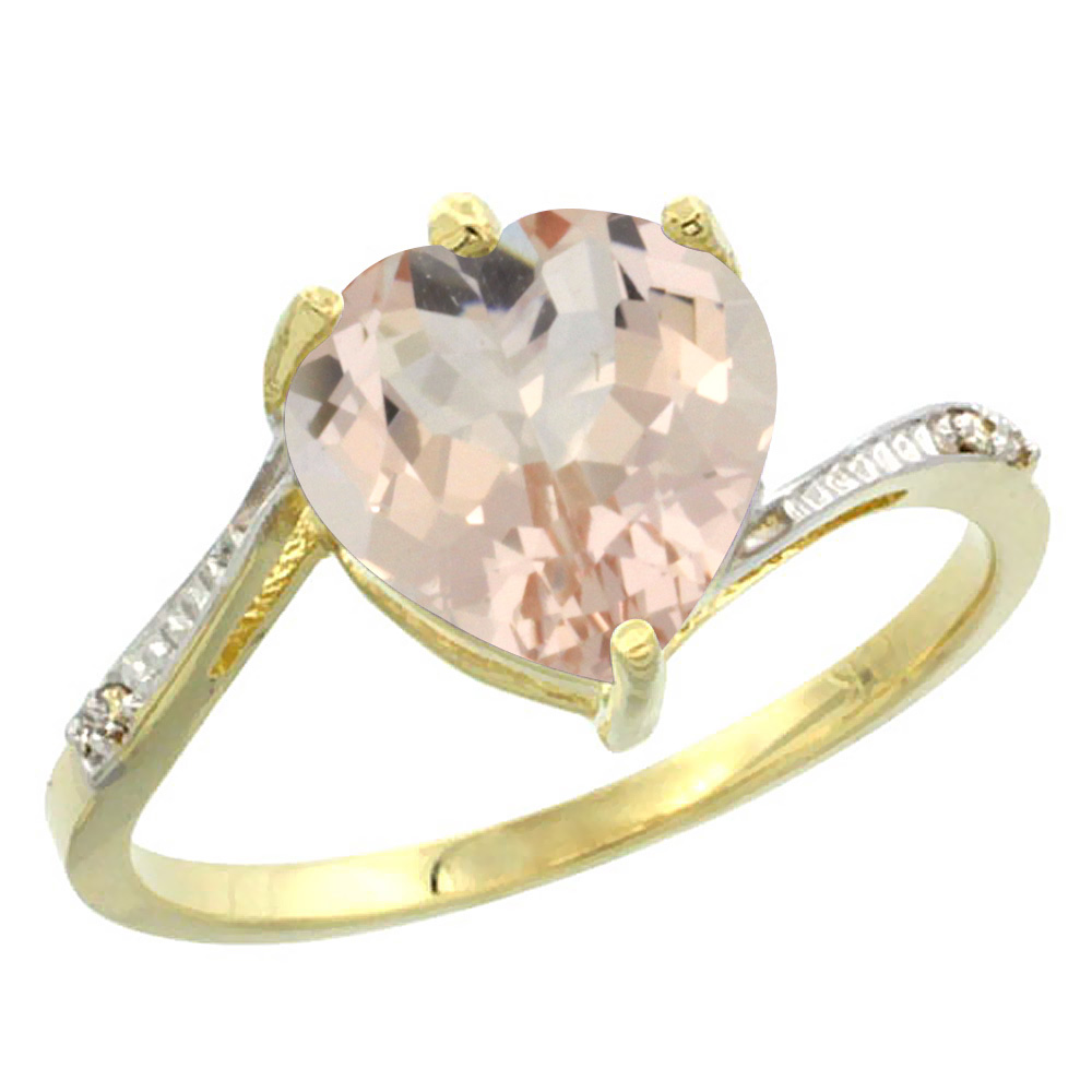 10K Yellow Gold Natural Morganite Ring Heart 9x9mm Diamond Accent, sizes 5-10