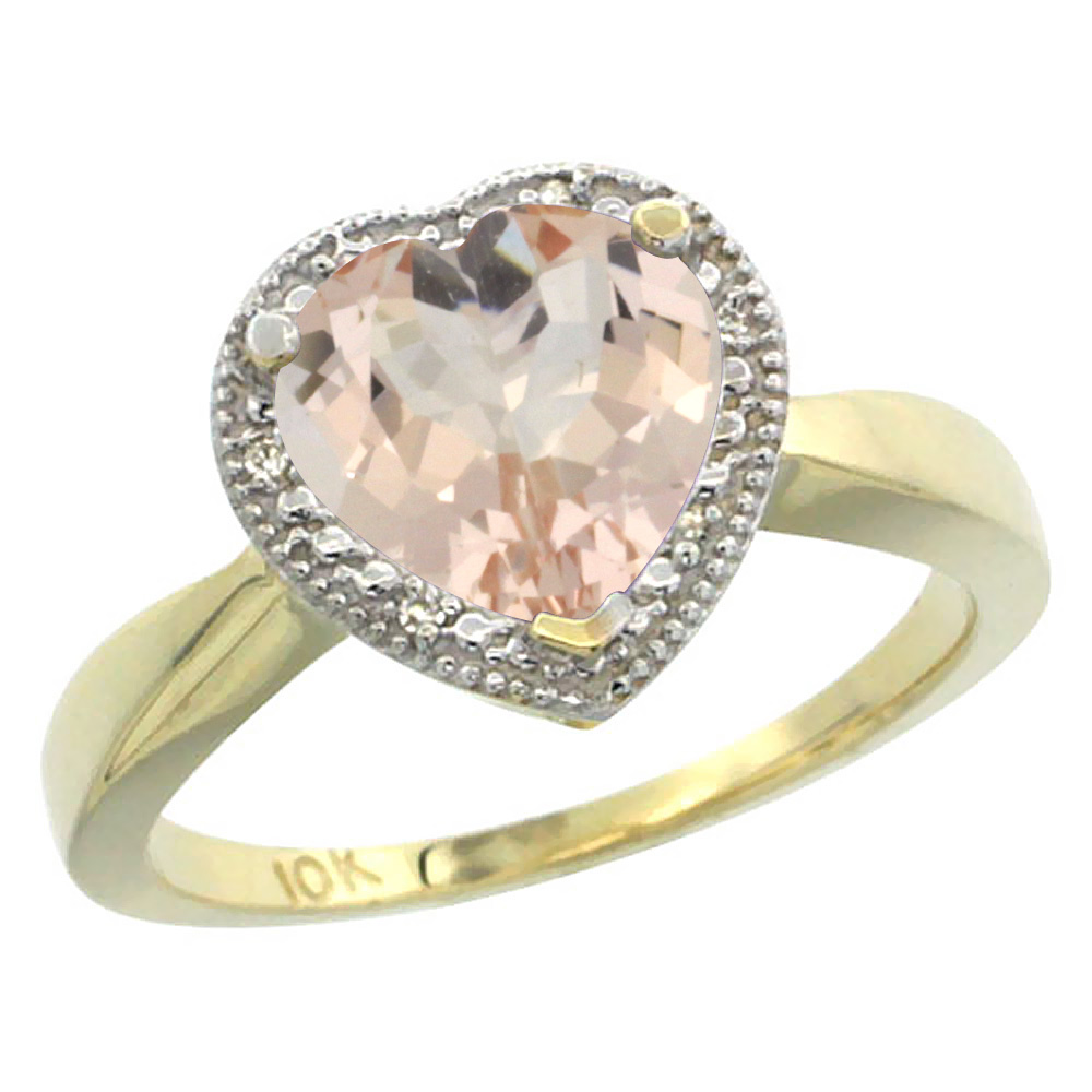 10K Yellow Gold Natural Morganite Ring Heart 8x8mm Diamond Accent, sizes 5-10