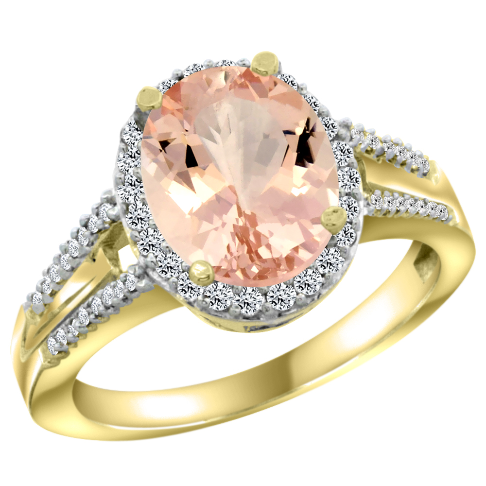 10K Yellow Gold Diamond Natural Morganite Engagement Ring Oval 10x8mm, sizes 5-10