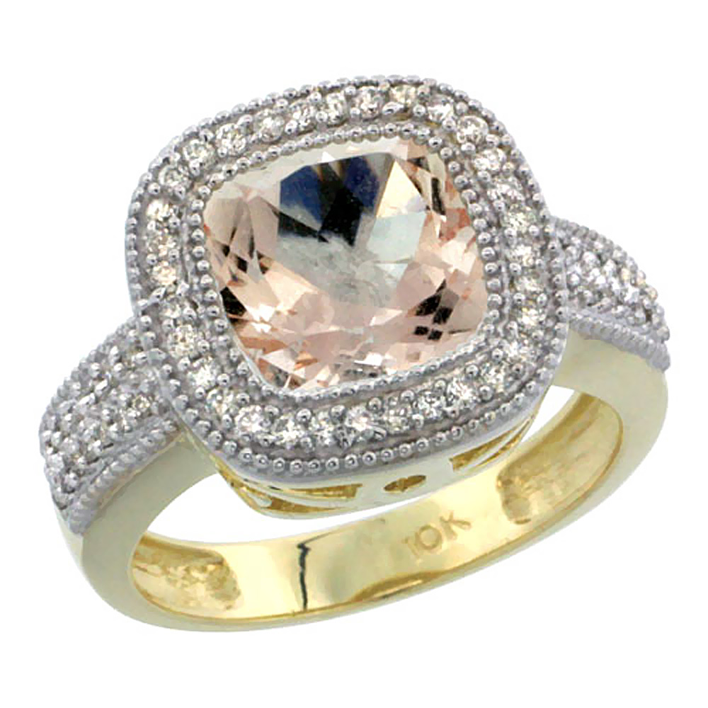 10K Yellow Gold Natural Morganite Ring Diamond Accent, Cushion-cut 9x9mm Diamond Accent, sizes 5-10