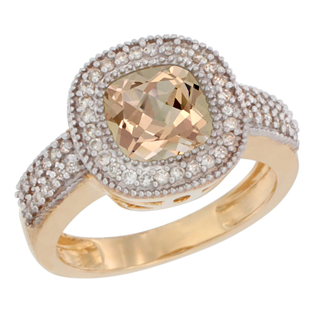14K Yellow Gold Natural Morganite Ring Cushion-cut 7x7mm Diamond Accent, sizes 5-10
