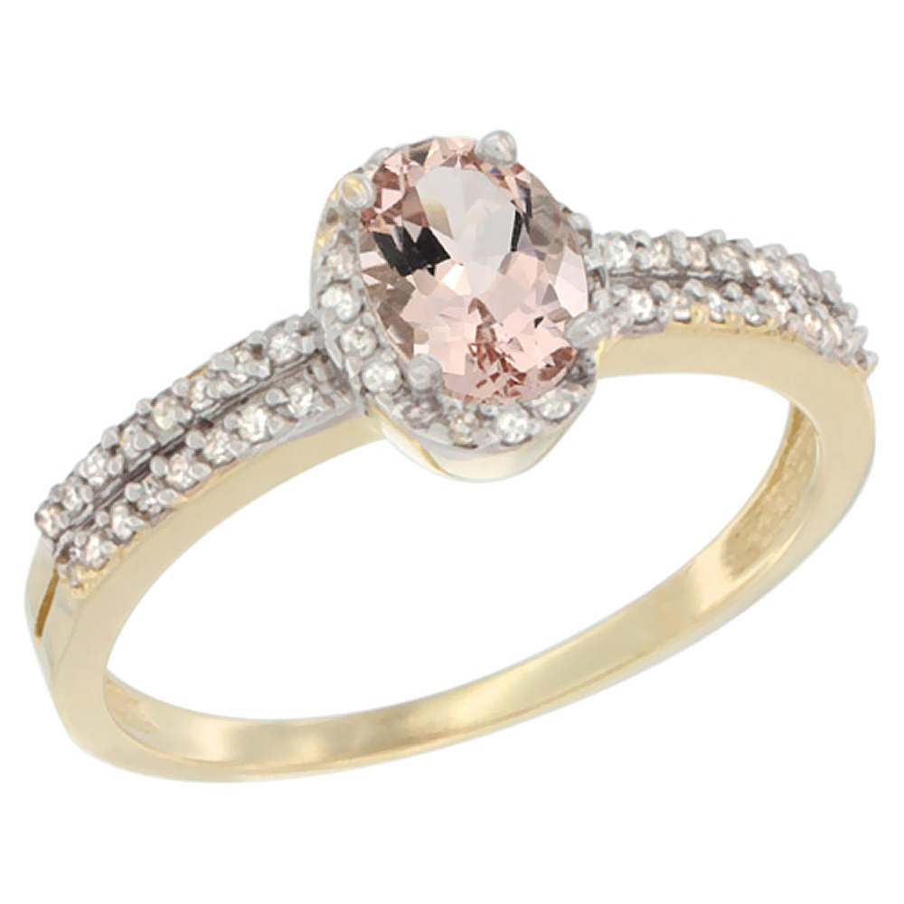 10K Yellow Gold Natural Morganite Ring Oval 6x4mm Diamond Accent, sizes 5-10