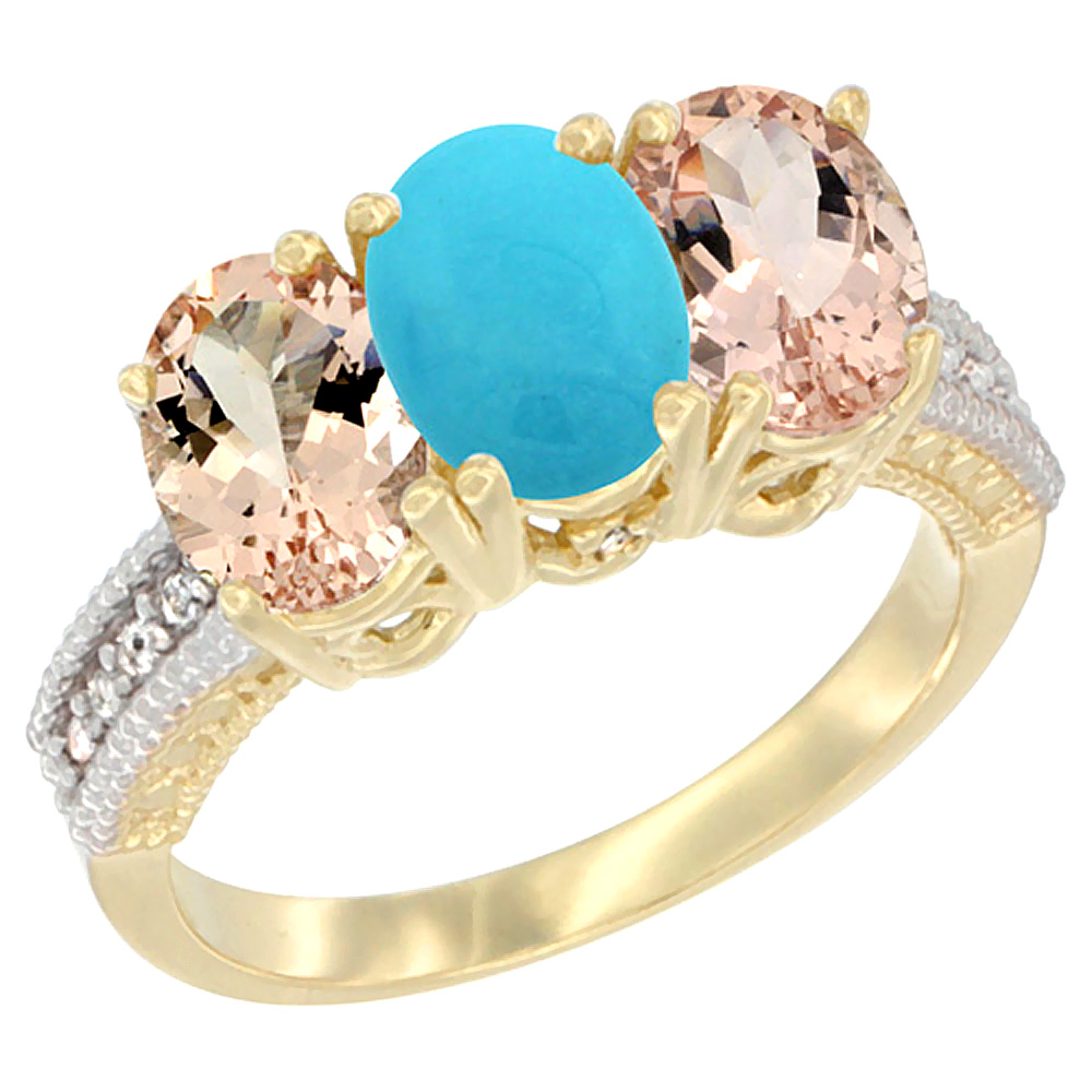 14K Yellow Gold Natural Turquoise &amp; Morganite Sides Ring 3-Stone Oval 7x5 mm Diamond Accent, sizes 5 - 10