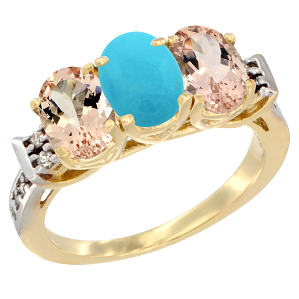 14K Yellow Gold Natural Turquoise & Morganite Sides Ring 3-Stone Oval 7x5 mm Diamond Accent, sizes 5 - 10