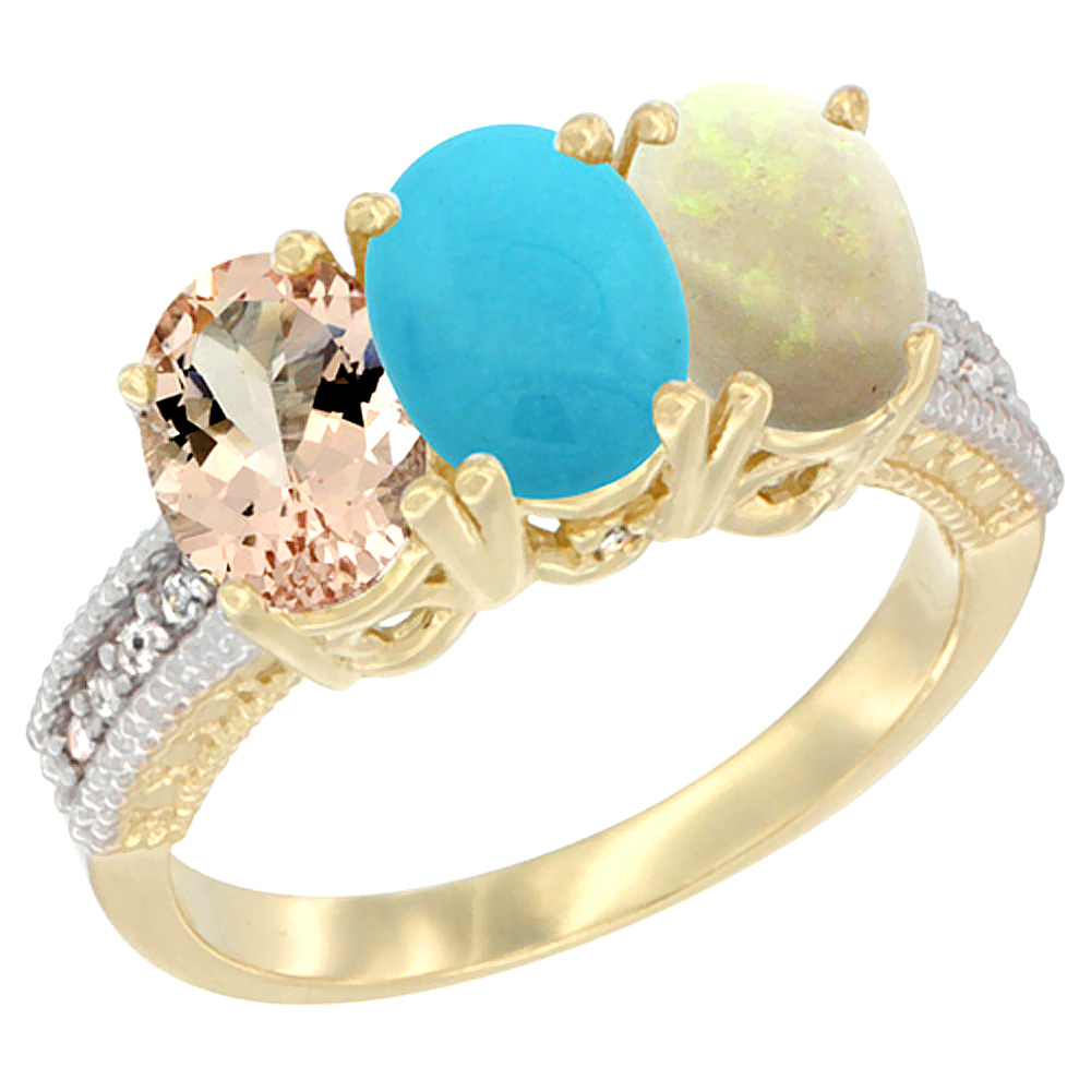 14K Yellow Gold Natural Morganite, Turquoise & Opal Ring 3-Stone Oval 7x5 mm Diamond Accent, sizes 5 - 10