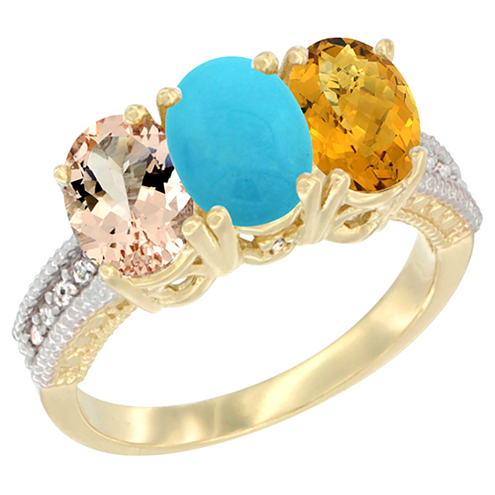 14K Yellow Gold Natural Morganite, Turquoise & Whisky Quartz Ring 3-Stone Oval 7x5 mm Diamond Accent, sizes 5 - 10