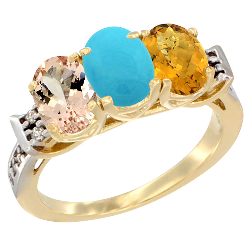 14K Yellow Gold Natural Morganite, Turquoise &amp; Whisky Quartz Ring 3-Stone Oval 7x5 mm Diamond Accent, sizes 5 - 10