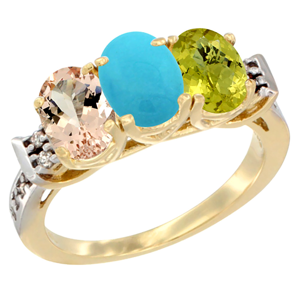 14K Yellow Gold Natural Morganite, Turquoise &amp; Lemon Quartz Ring 3-Stone Oval 7x5 mm Diamond Accent, sizes 5 - 10