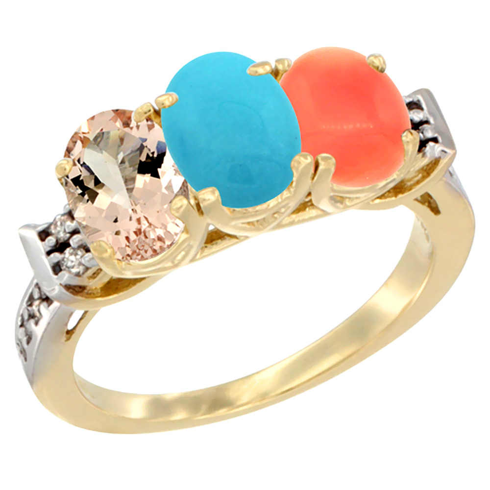 14K Yellow Gold Natural Morganite, Turquoise & Coral Ring 3-Stone Oval 7x5 mm Diamond Accent, sizes 5 - 10