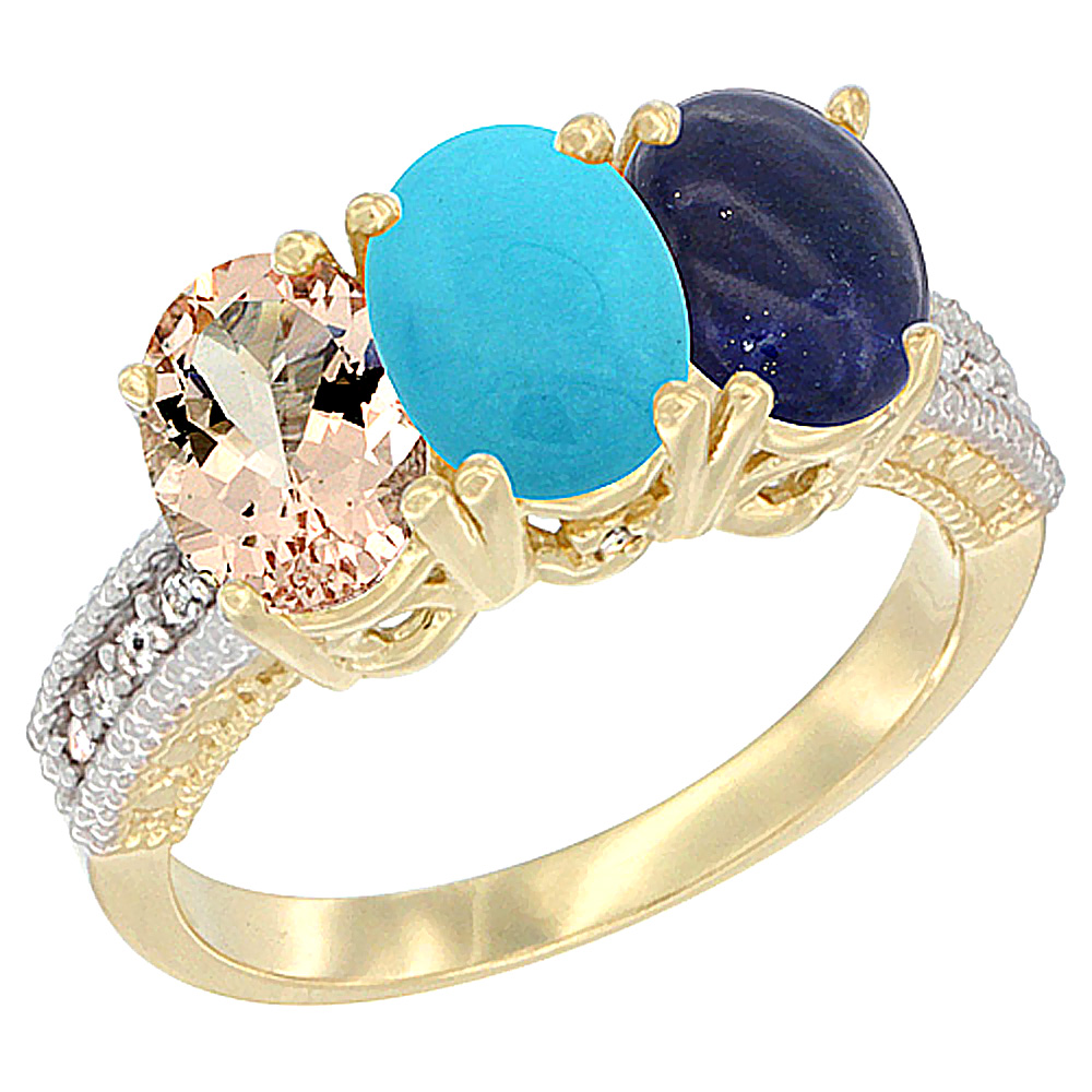 14K Yellow Gold Natural Morganite, Turquoise & Lapis Ring 3-Stone Oval 7x5 mm Diamond Accent, sizes 5 - 10