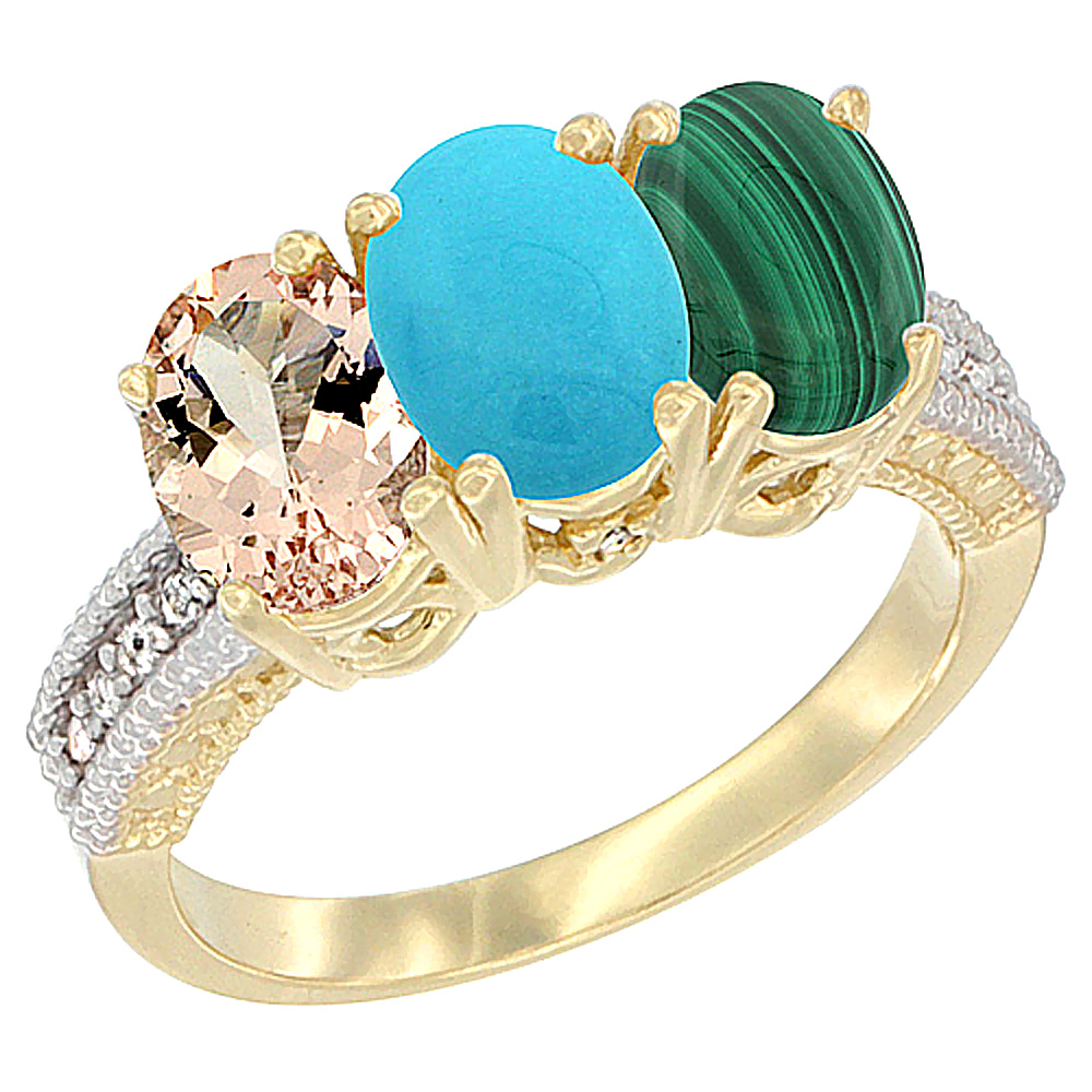 14K Yellow Gold Natural Morganite, Turquoise & Malachite Ring 3-Stone Oval 7x5 mm Diamond Accent, sizes 5 - 10