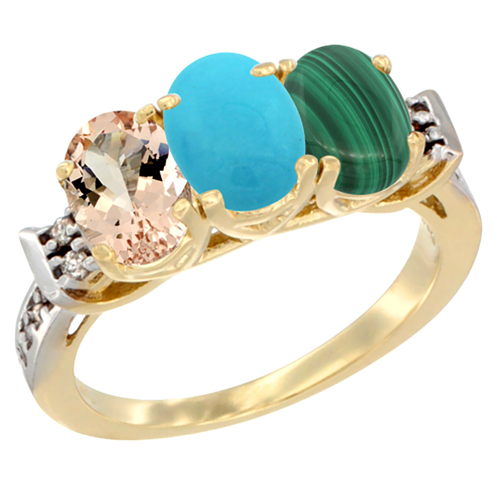 10K Yellow Gold Natural Morganite, Turquoise & Malachite Ring 3-Stone Oval 7x5 mm Diamond Accent, sizes 5 - 10