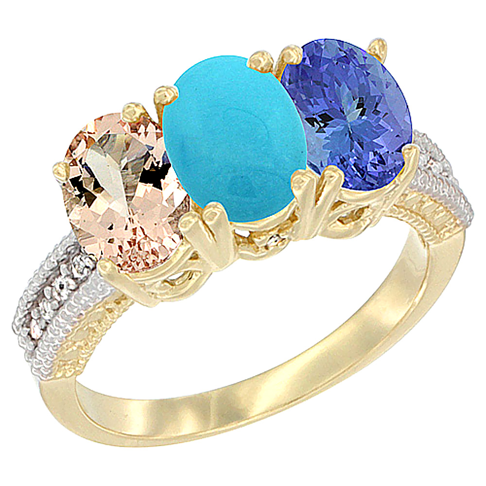 14K Yellow Gold Natural Morganite, Turquoise & Tanzanite Ring 3-Stone Oval 7x5 mm Diamond Accent, sizes 5 - 10