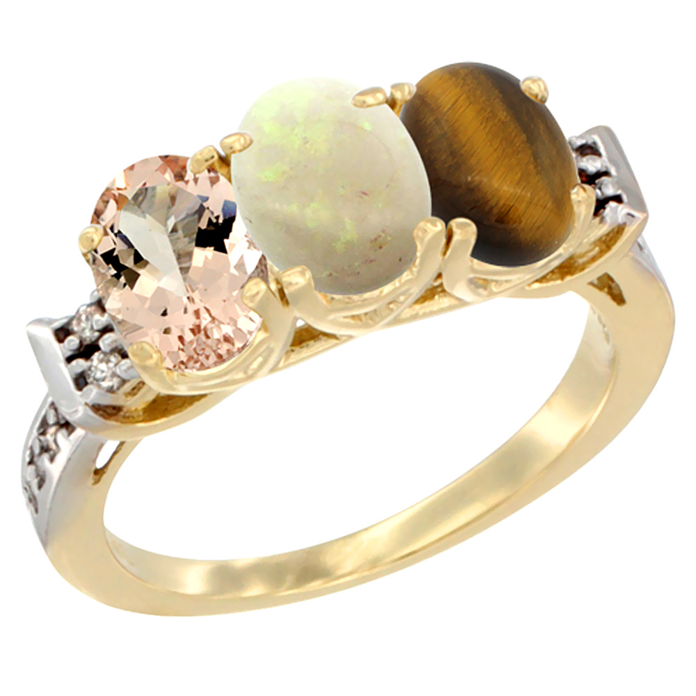 14K Yellow Gold Natural Morganite, Opal & Tiger Eye Ring 3-Stone Oval 7x5 mm Diamond Accent, sizes 5 - 10