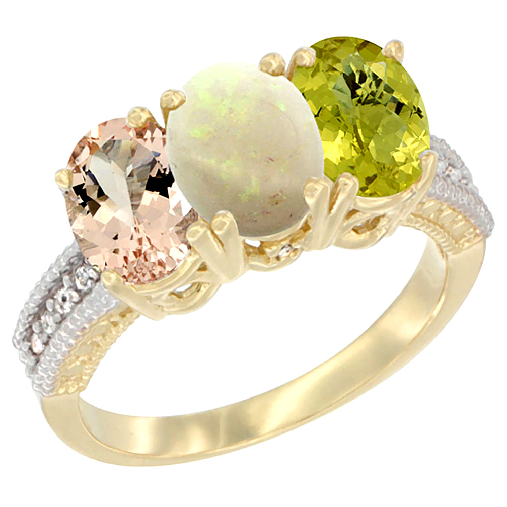 10K Yellow Gold Natural Morganite, Opal & Lemon Quartz Ring 3-Stone Oval 7x5 mm, sizes 5 - 10