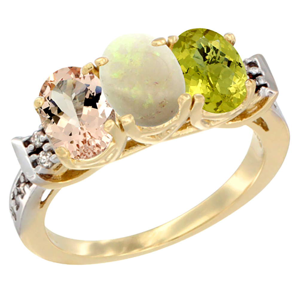 10K Yellow Gold Natural Morganite, Opal & Lemon Quartz Ring 3-Stone Oval 7x5 mm Diamond Accent, sizes 5 - 10