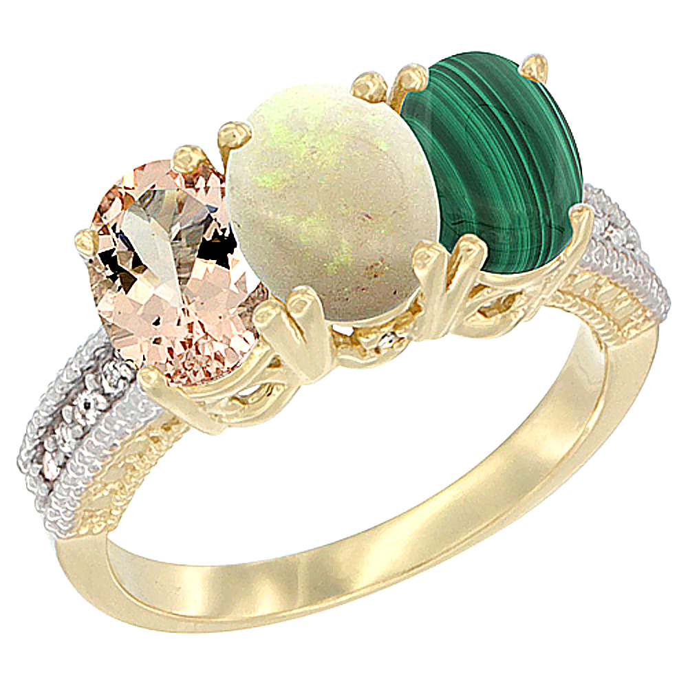 14K Yellow Gold Natural Morganite, Opal & Malachite Ring 3-Stone Oval 7x5 mm Diamond Accent, sizes 5 - 10