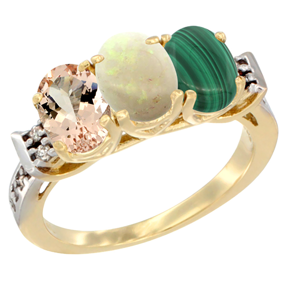 10K Yellow Gold Natural Morganite, Opal & Malachite Ring 3-Stone Oval 7x5 mm Diamond Accent, sizes 5 - 10