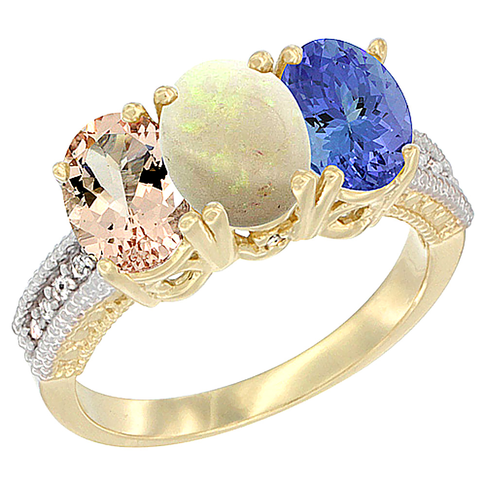 14K Yellow Gold Natural Morganite, Opal & Tanzanite Ring 3-Stone Oval 7x5 mm Diamond Accent, sizes 5 - 10