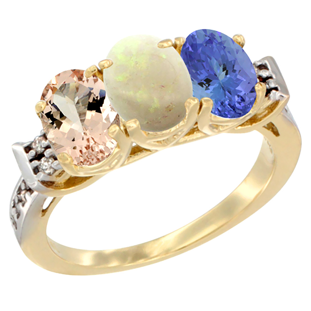 10K Yellow Gold Natural Morganite, Opal & Tanzanite Ring 3-Stone Oval 7x5 mm Diamond Accent, sizes 5 - 10