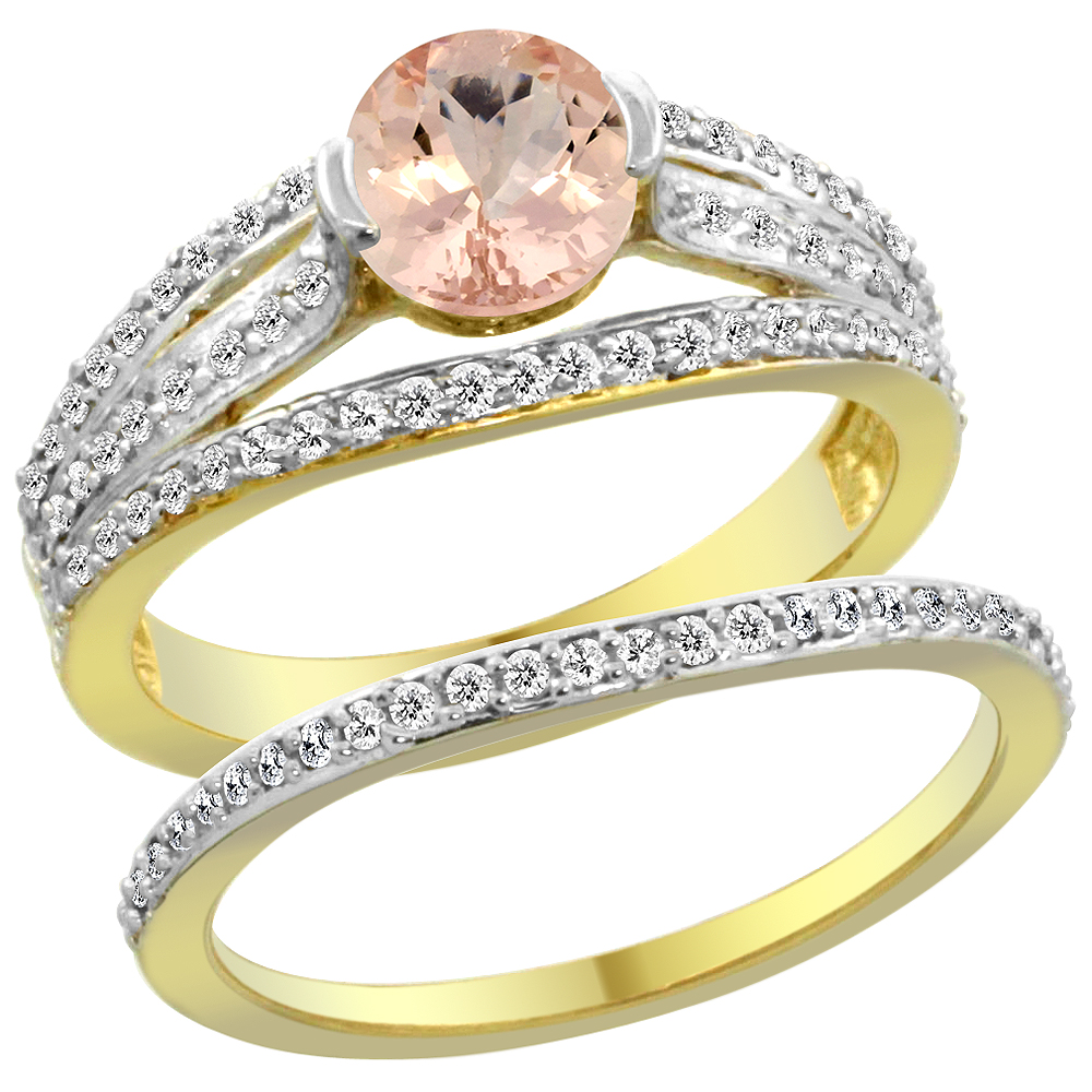 14K Yellow Gold Natural Morganite 2-piece Engagement Ring Set Round 6mm, sizes 5 - 10