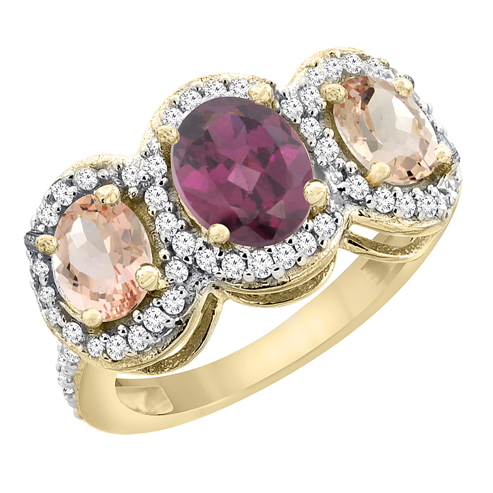 10K Yellow Gold Natural Rhodolite & Morganite 3-Stone Ring Oval Diamond Accent, sizes 5 - 10