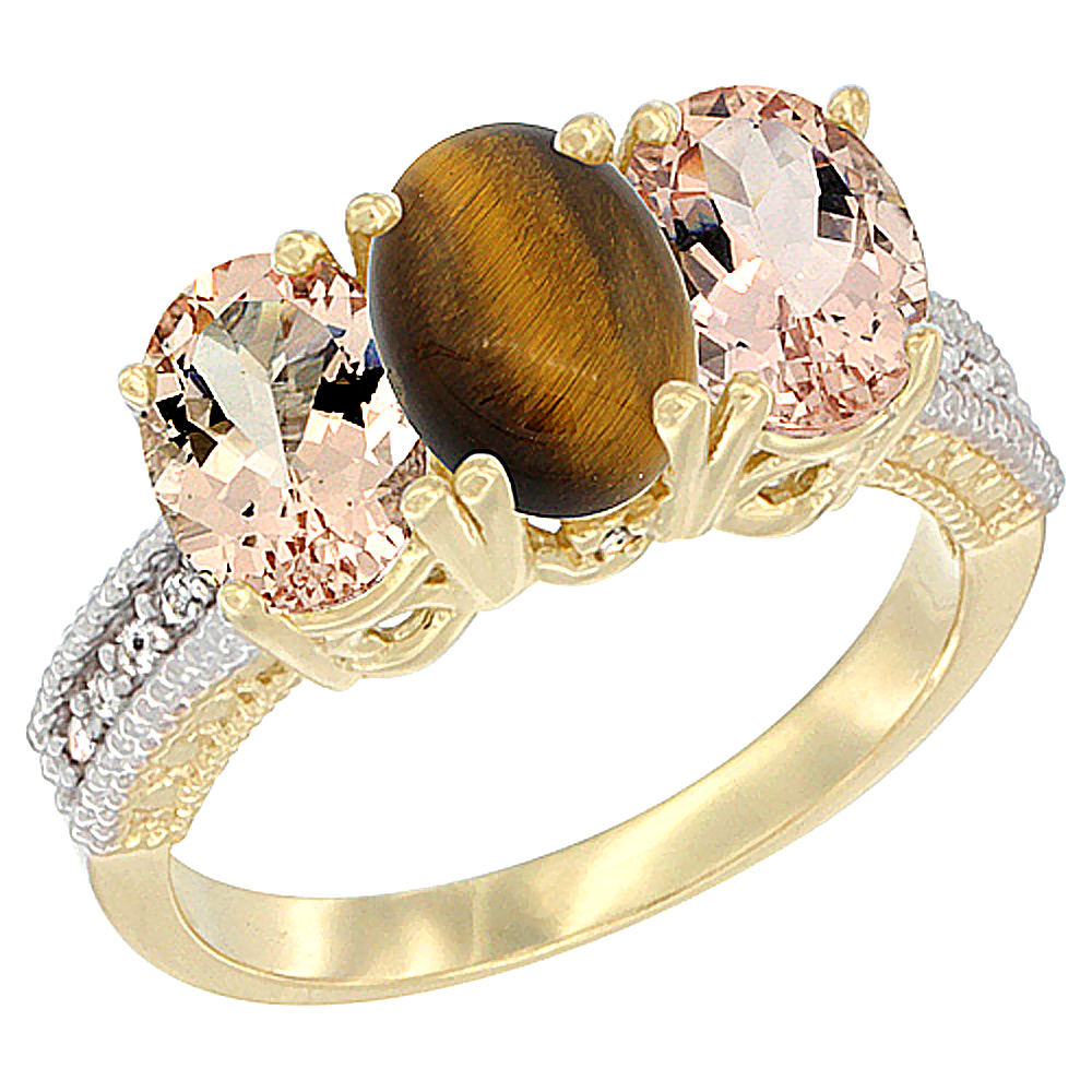 10K Yellow Gold Natural Tiger Eye &amp; Morganite Ring 3-Stone Oval 7x5 mm, sizes 5 - 10
