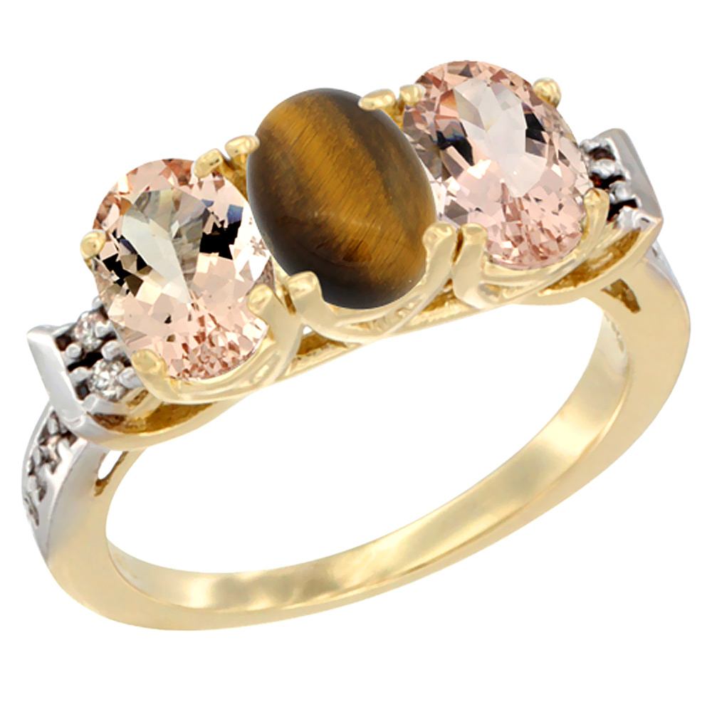 10K Yellow Gold Natural Tiger Eye &amp; Morganite Sides Ring 3-Stone Oval 7x5 mm Diamond Accent, sizes 5 - 10