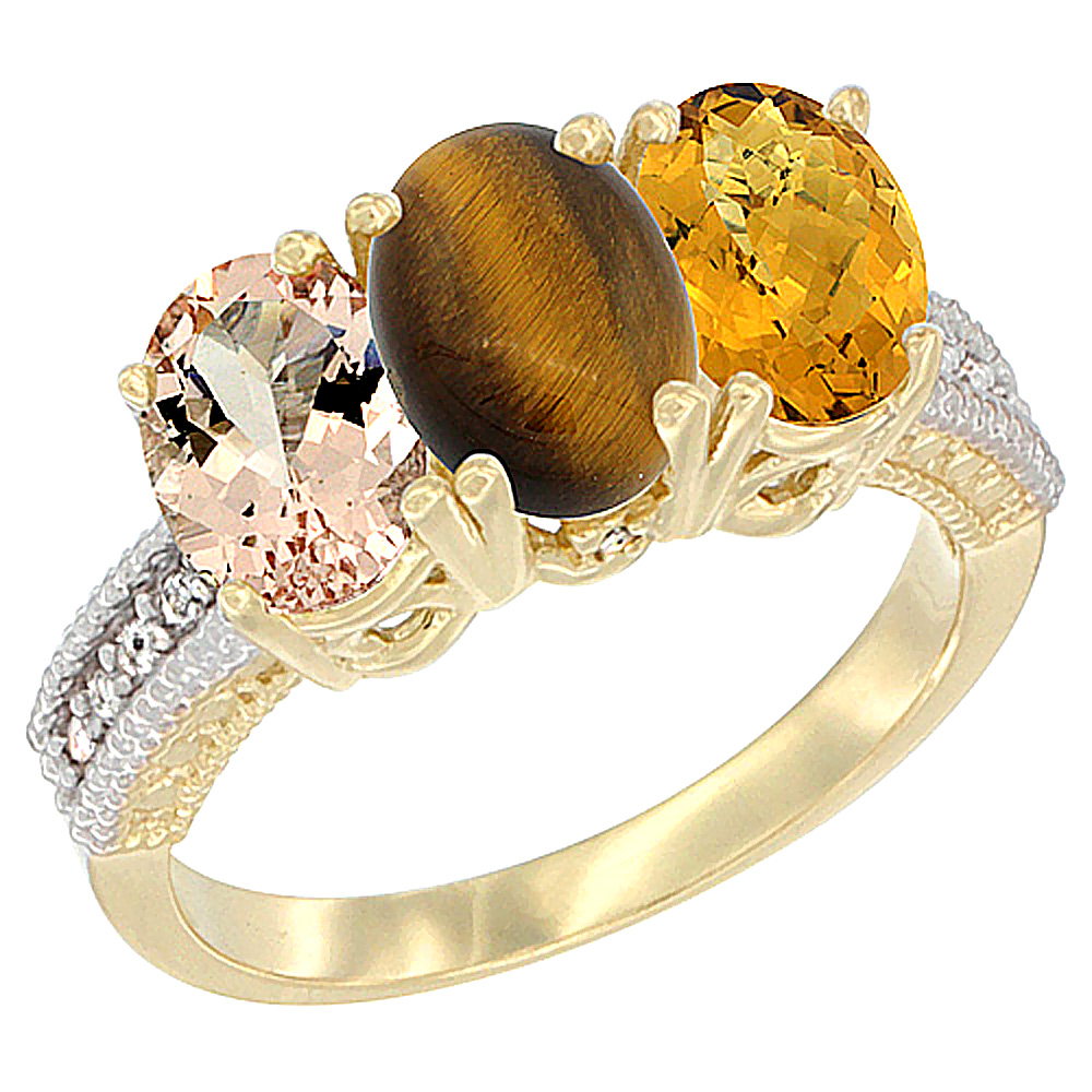 10K Yellow Gold Natural Morganite, Tiger Eye &amp; Whisky Quartz Ring 3-Stone Oval 7x5 mm, sizes 5 - 10