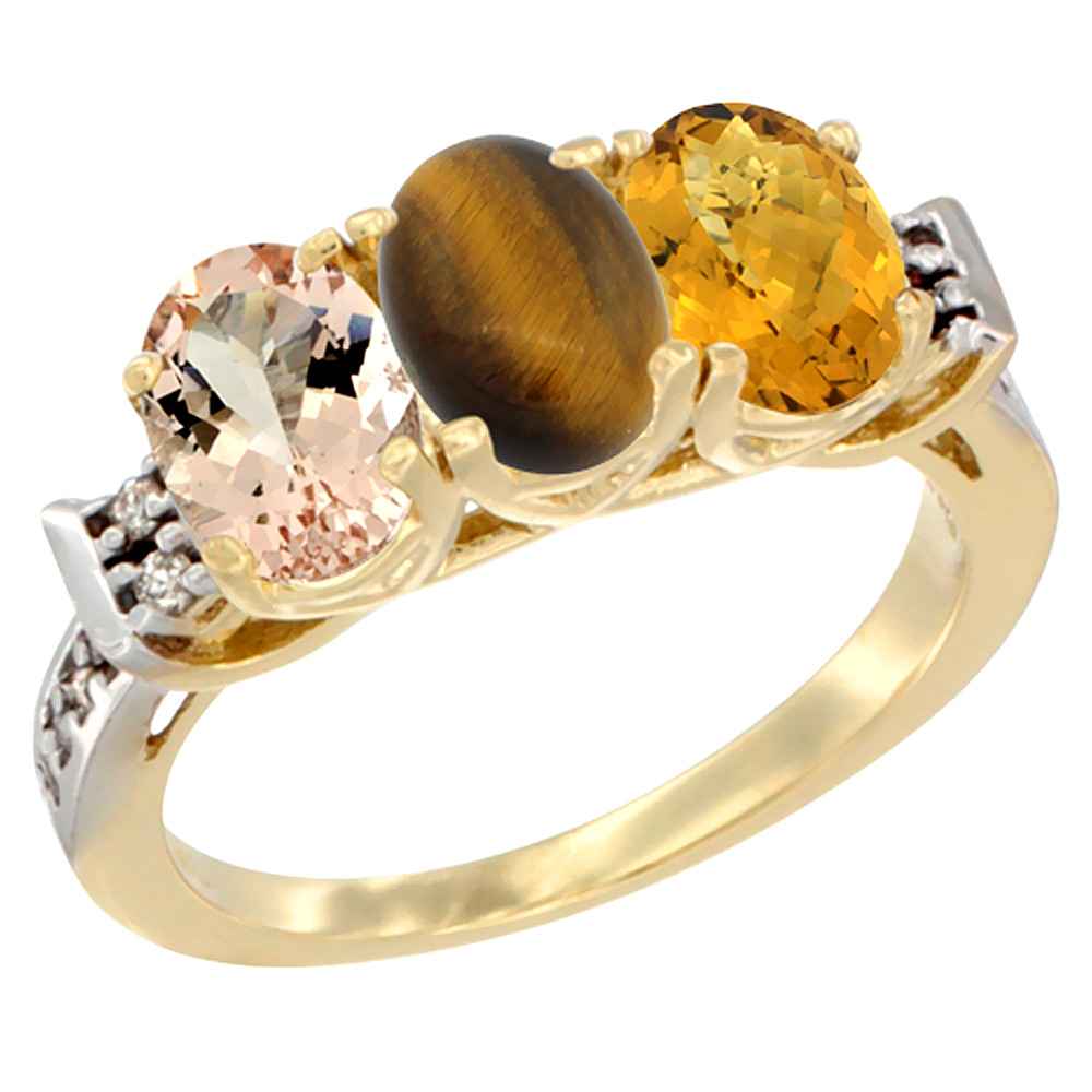 14K Yellow Gold Natural Morganite, Tiger Eye & Whisky Quartz Ring 3-Stone Oval 7x5 mm Diamond Accent, sizes 5 - 10