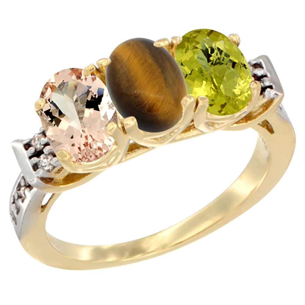 14K Yellow Gold Natural Morganite, Tiger Eye &amp; Lemon Quartz Ring 3-Stone Oval 7x5 mm Diamond Accent, sizes 5 - 10