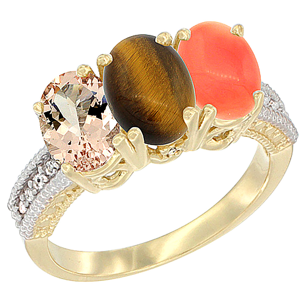 14K Yellow Gold Natural Morganite, Tiger Eye & Coral Ring 3-Stone Oval 7x5 mm Diamond Accent, sizes 5 - 10