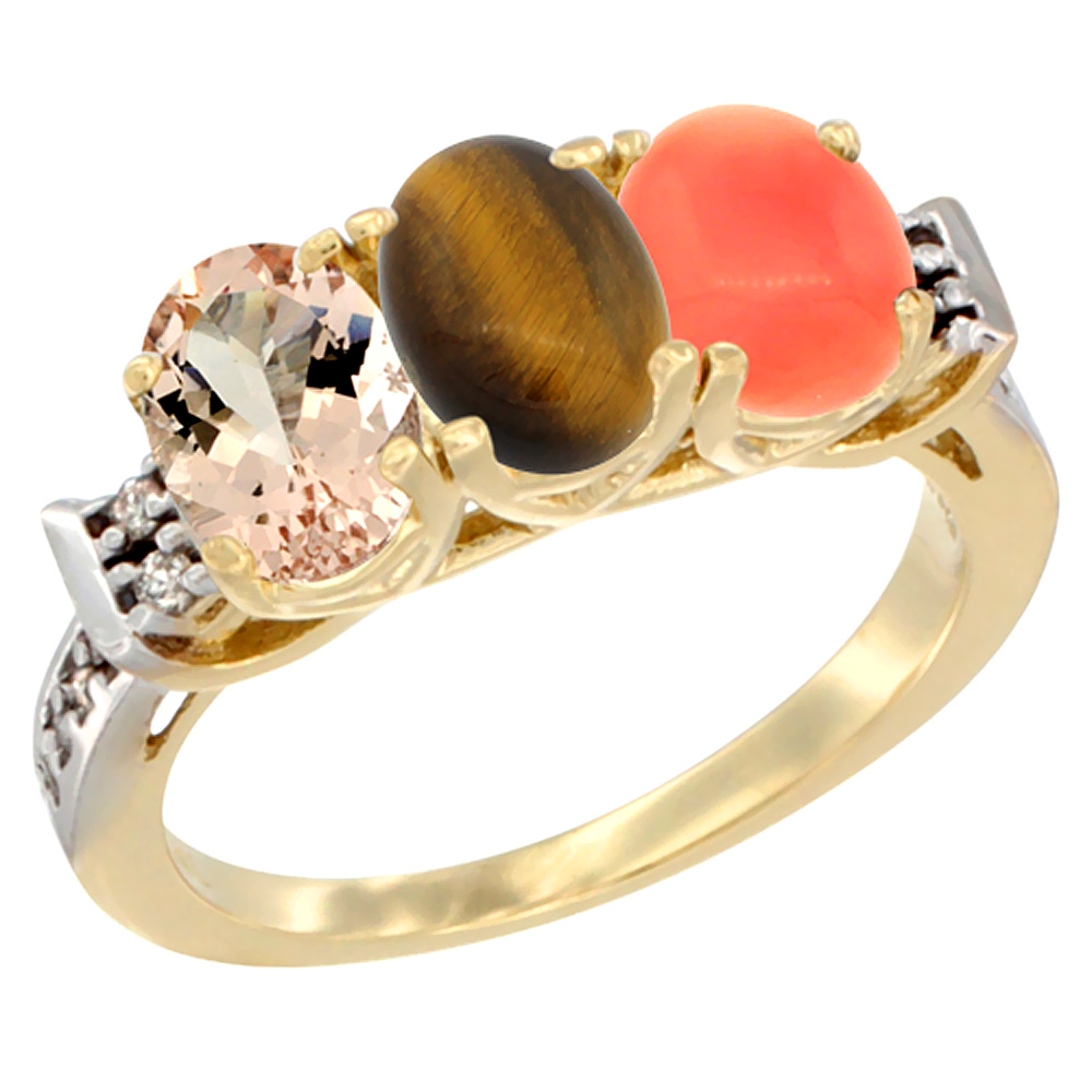 14K Yellow Gold Natural Morganite, Tiger Eye &amp; Coral Ring 3-Stone Oval 7x5 mm Diamond Accent, sizes 5 - 10