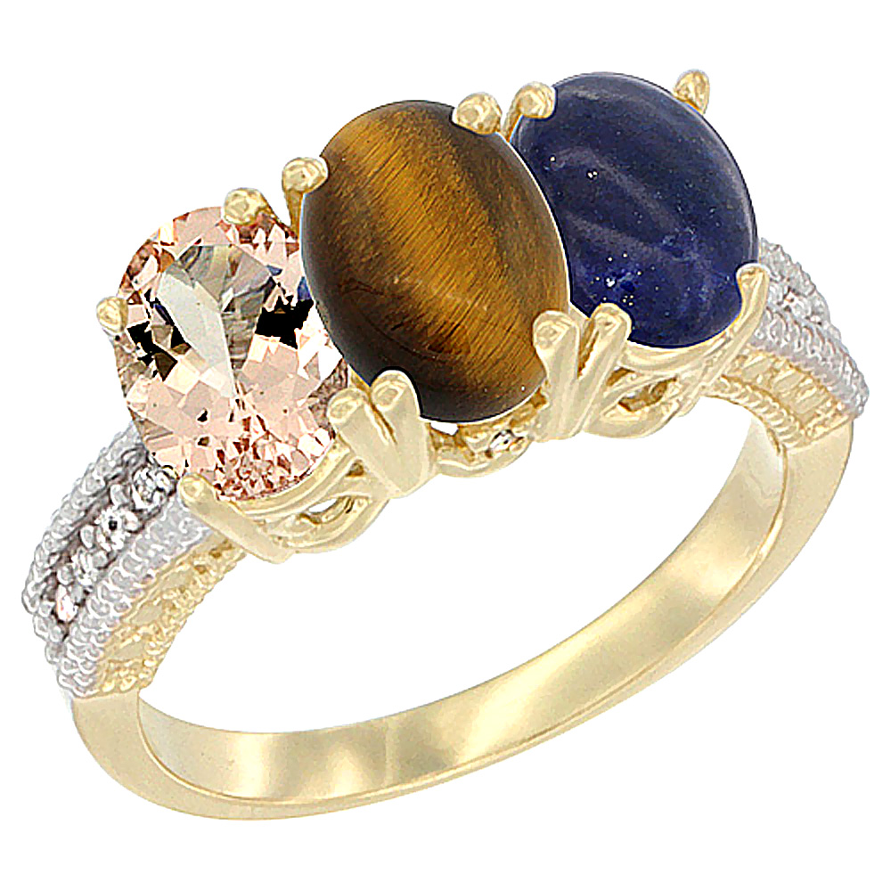 10K Yellow Gold Natural Morganite, Tiger Eye &amp; Lapis Ring 3-Stone Oval 7x5 mm, sizes 5 - 10