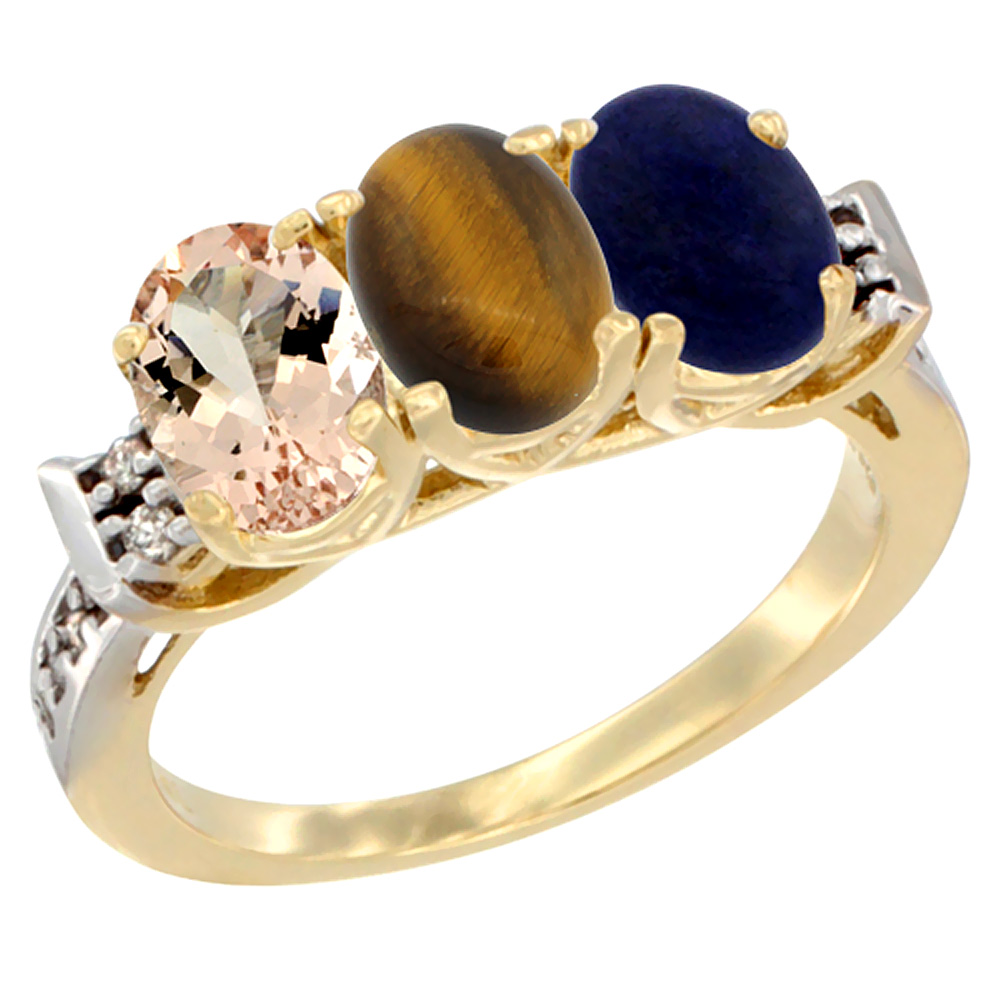 10K Yellow Gold Natural Morganite, Tiger Eye & Lapis Ring 3-Stone Oval 7x5 mm Diamond Accent, sizes 5 - 10