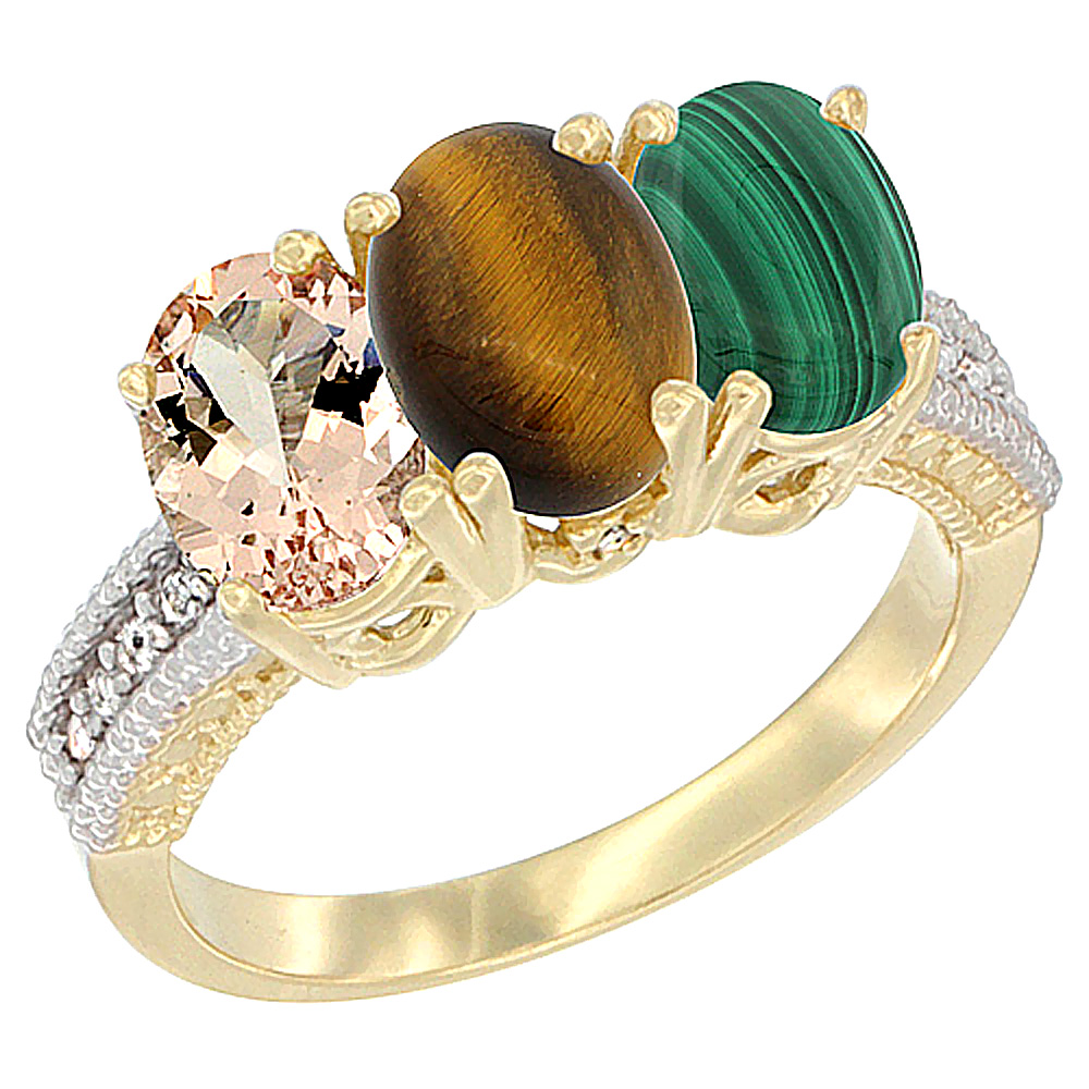 10K Yellow Gold Natural Morganite, Tiger Eye &amp; Malachite Ring 3-Stone Oval 7x5 mm, sizes 5 - 10