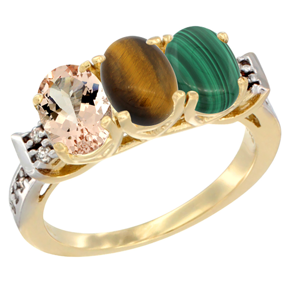 14K Yellow Gold Natural Morganite, Tiger Eye &amp; Malachite Ring 3-Stone Oval 7x5 mm Diamond Accent, sizes 5 - 10