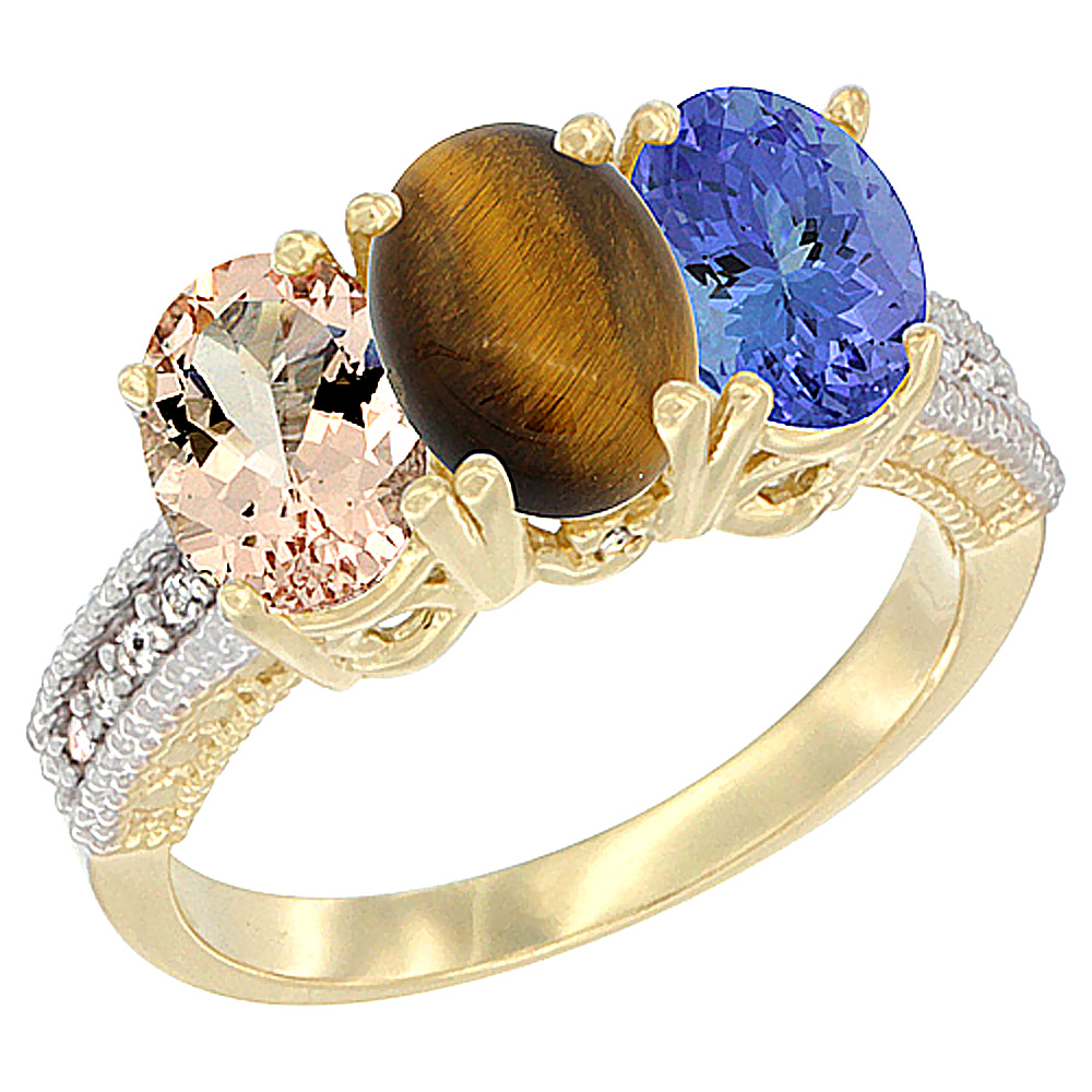 14K Yellow Gold Natural Morganite, Tiger Eye & Tanzanite Ring 3-Stone Oval 7x5 mm Diamond Accent, sizes 5 - 10